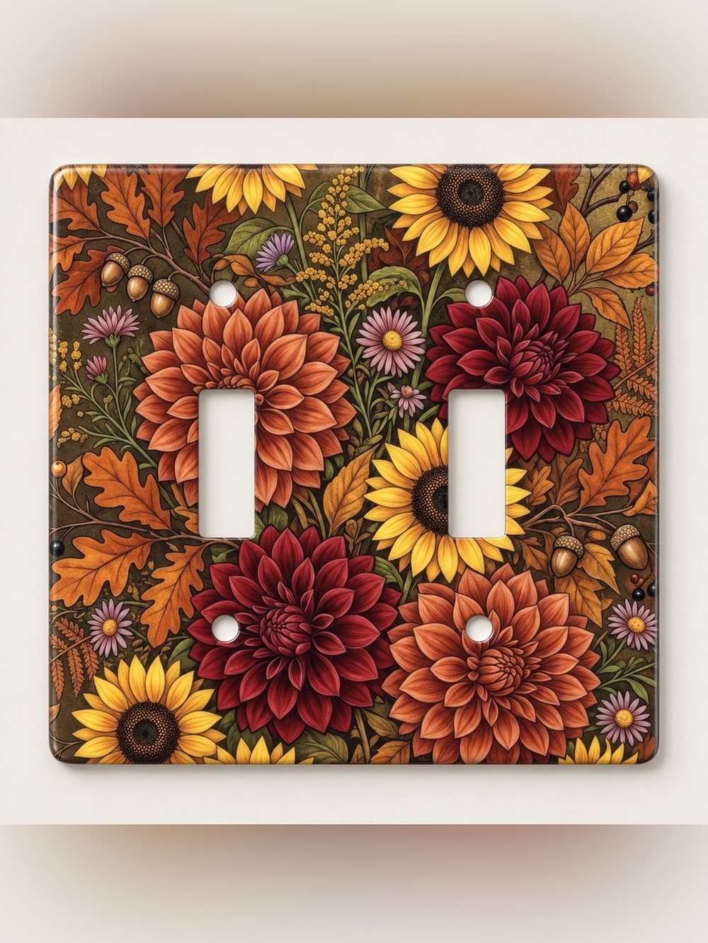 Handmade Fall Sunflower Dahlia Floral Double Toggle Light Switch Cover Plate